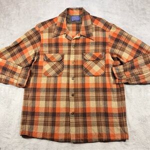 Vintage 70’s Pendleton Boardshirt Loop Collar Rust Orange & Tan Plaid Size Large